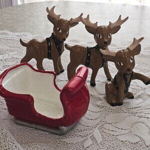4 Kimple Ceramics Reindeer Sleigh Figurine Set handpainted deer vtg 1985 holiday